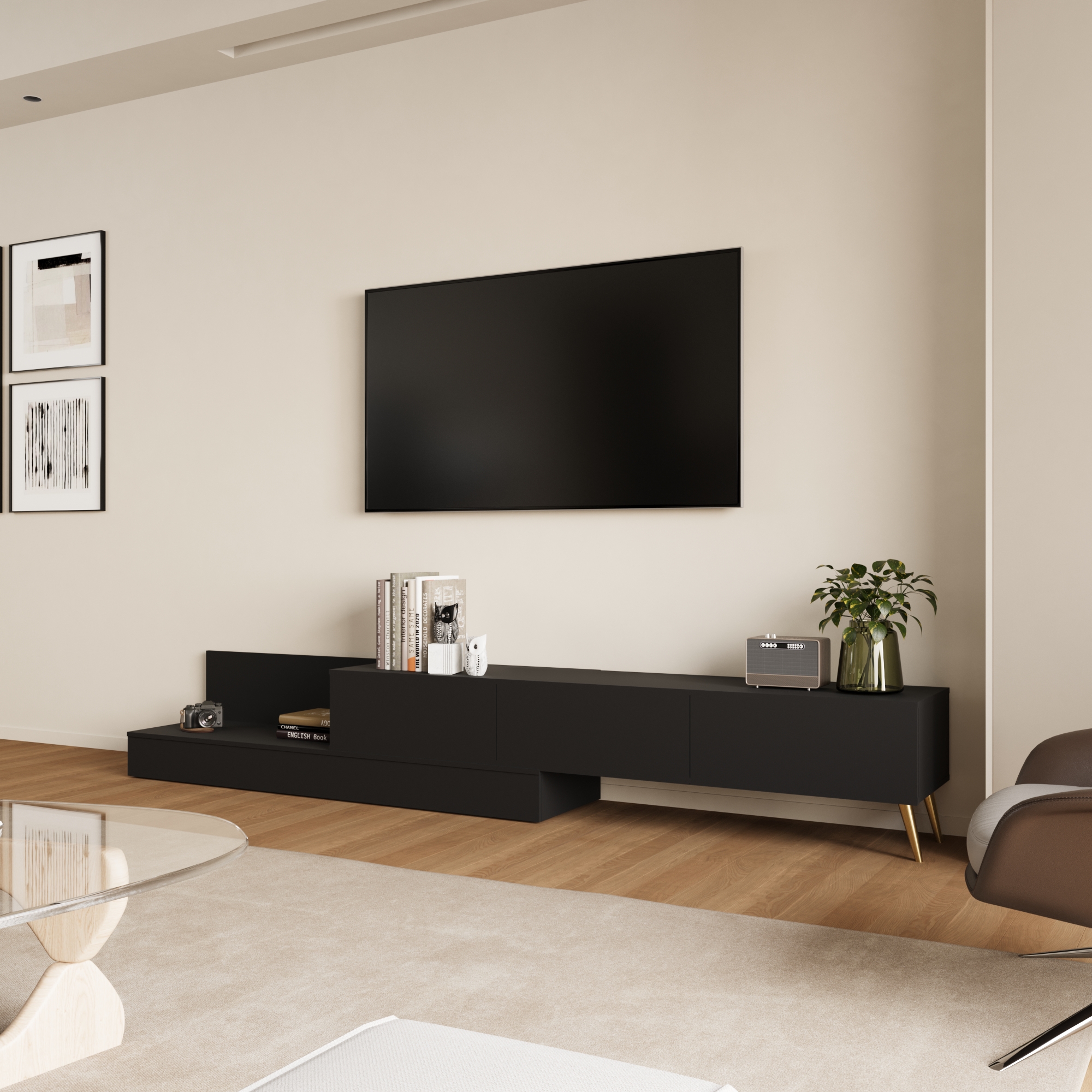 طاولة تلفزيون قابلة للتمدد - لون أسود