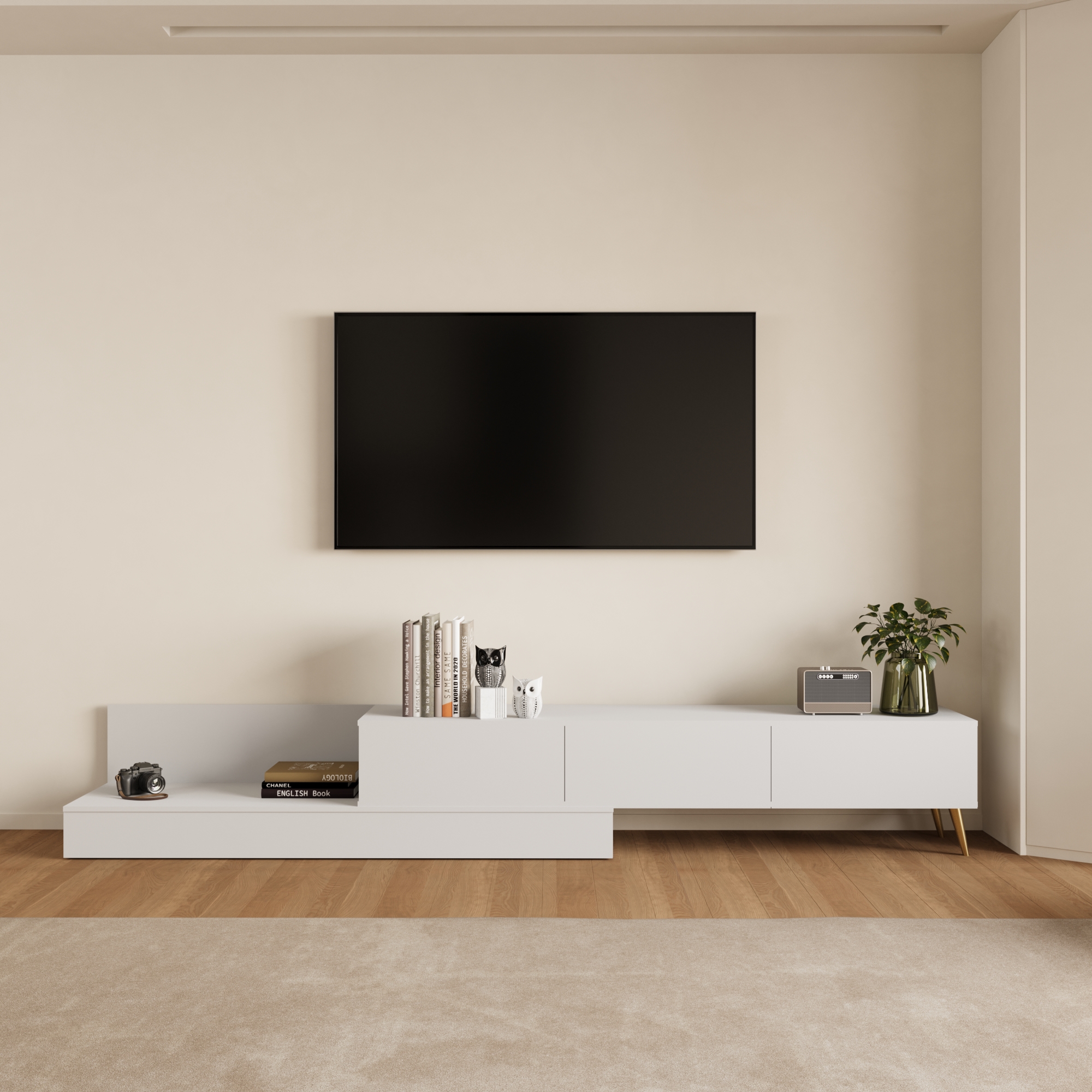 طاولة تلفزيون قابلة للتمدد - لون أبيض