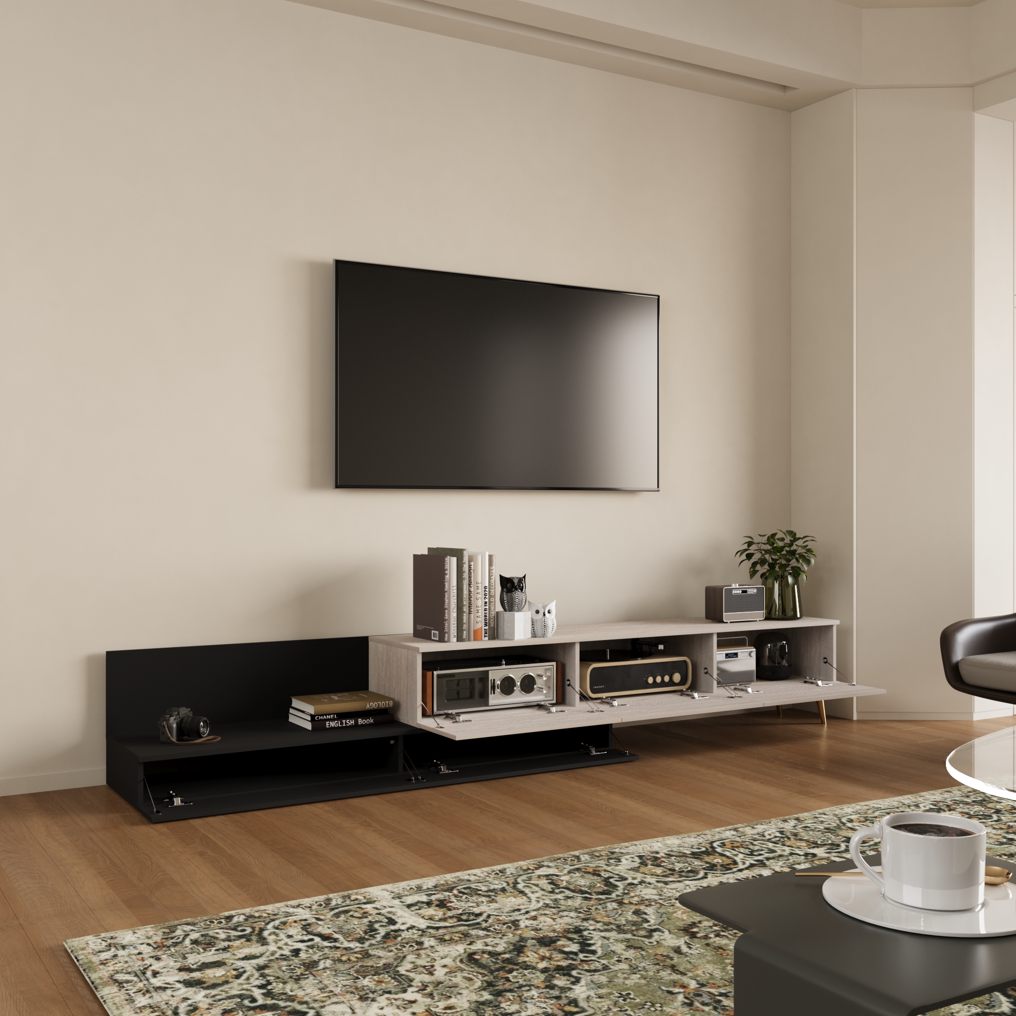 طاولة تلفزيون قابلة للتمدد - لون خشبي وأسود