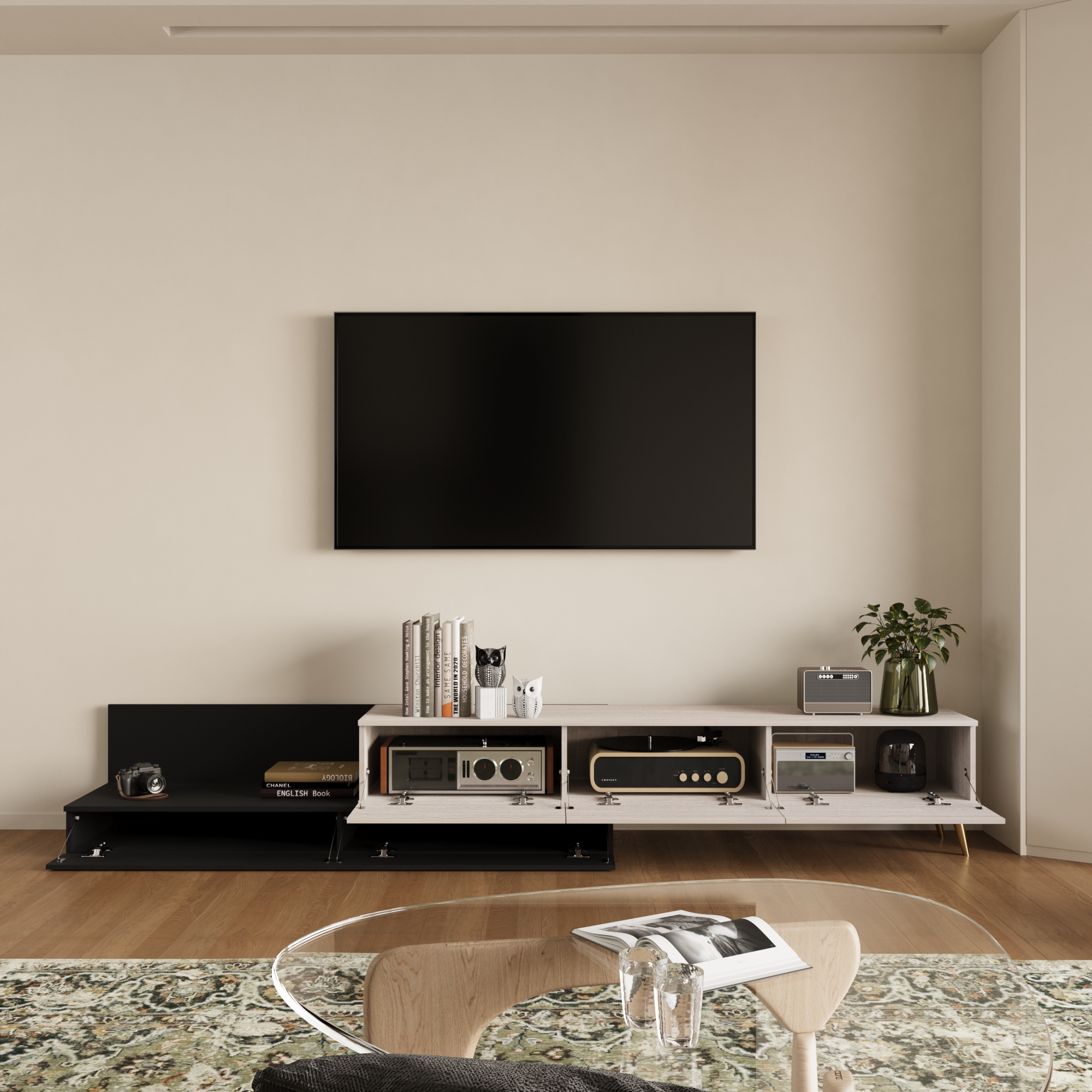 طاولة تلفزيون قابلة للتمدد - لون خشبي وأسود