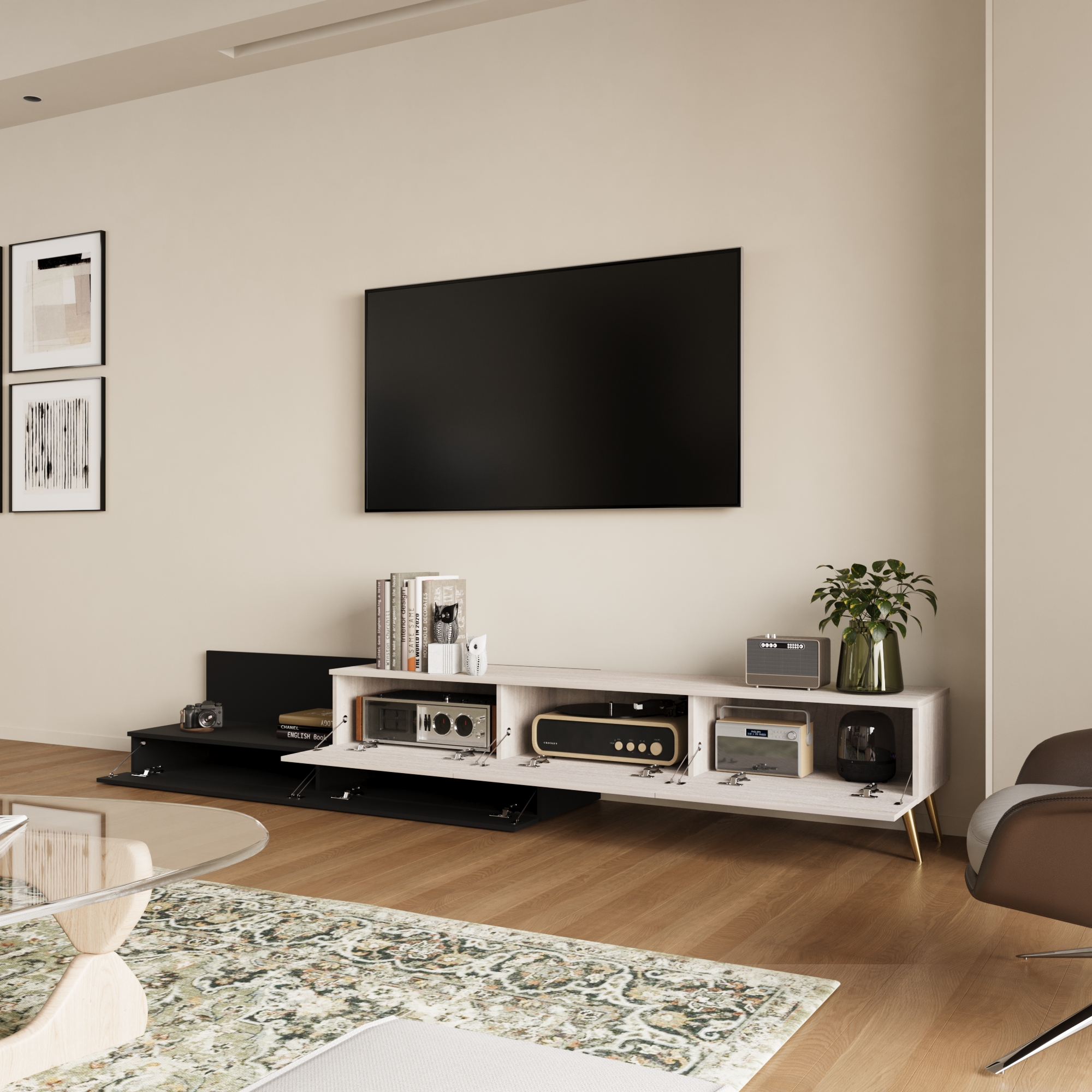 طاولة تلفزيون قابلة للتمدد - لون خشبي وأسود