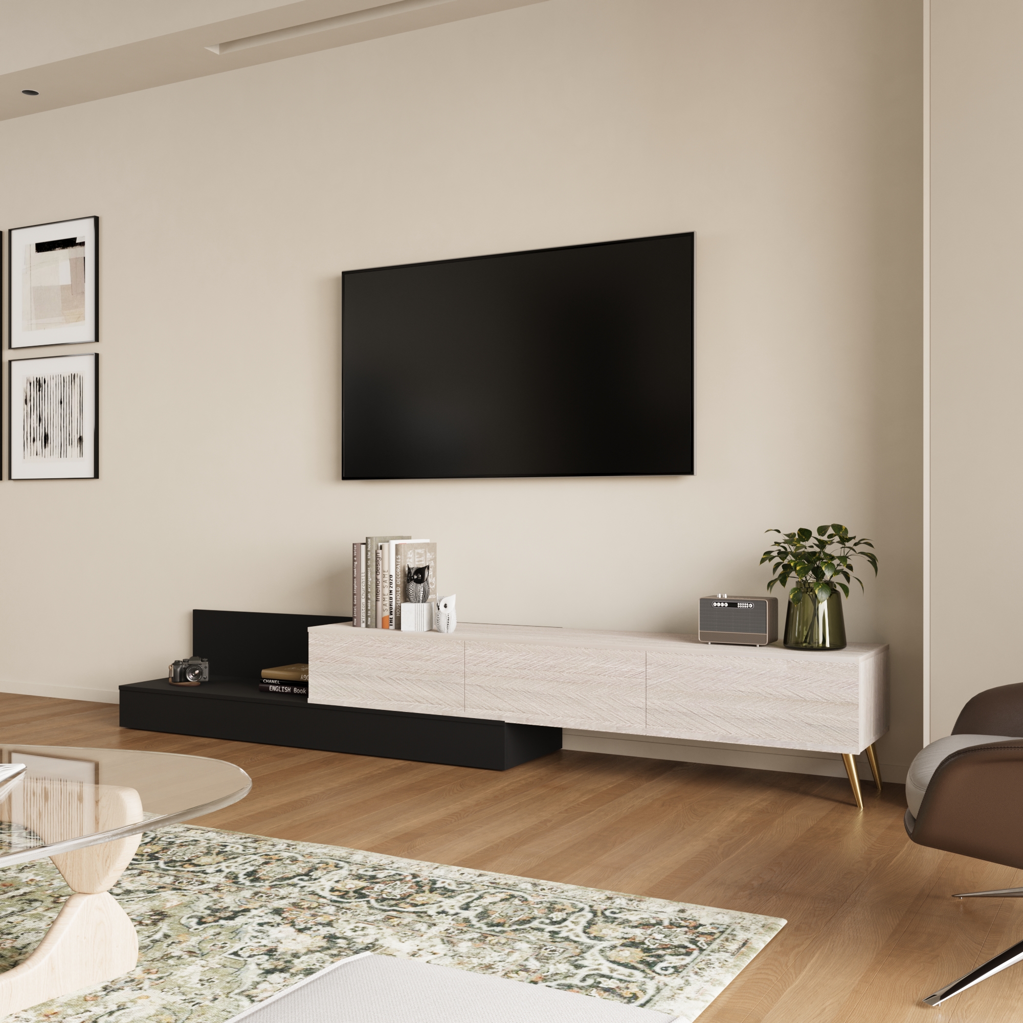 طاولة تلفزيون قابلة للتمدد - لون خشبي وأسود