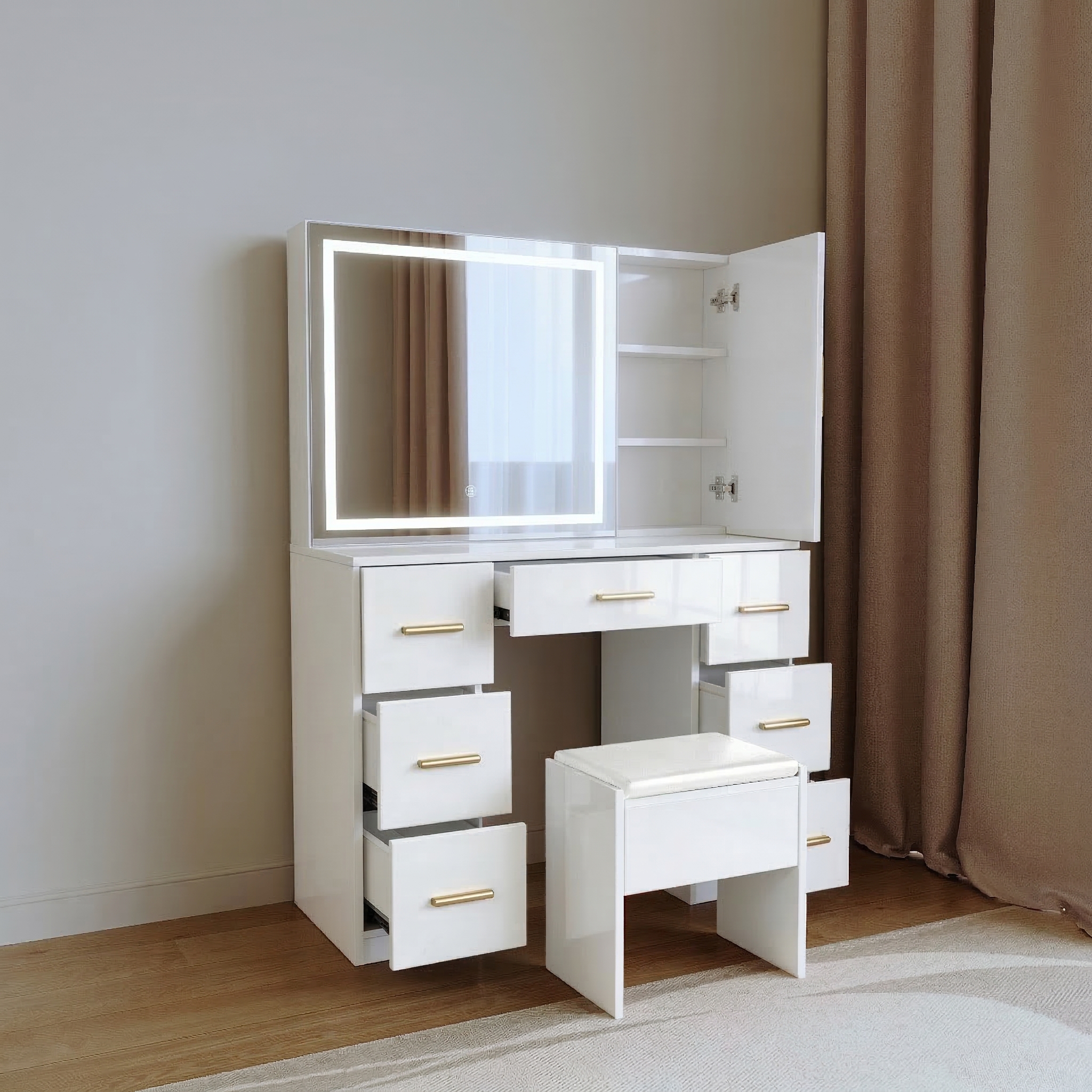 طاولة تزيين تسريحة - لون أبيض بواجهة لامعة