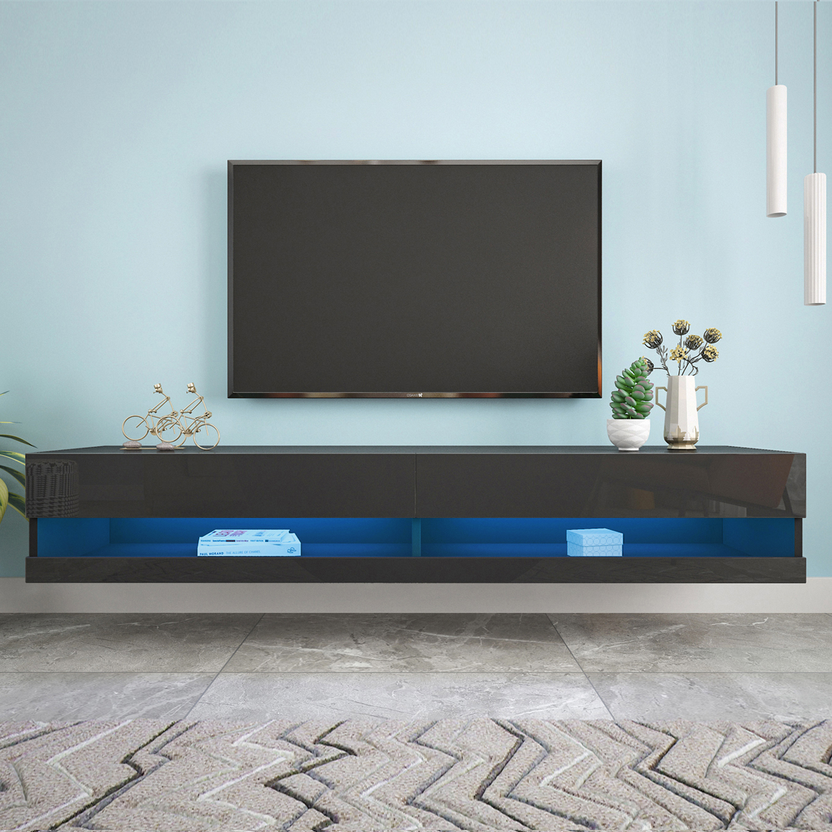 طاولة تلفزيون معلقة مع إضاءة - أسود