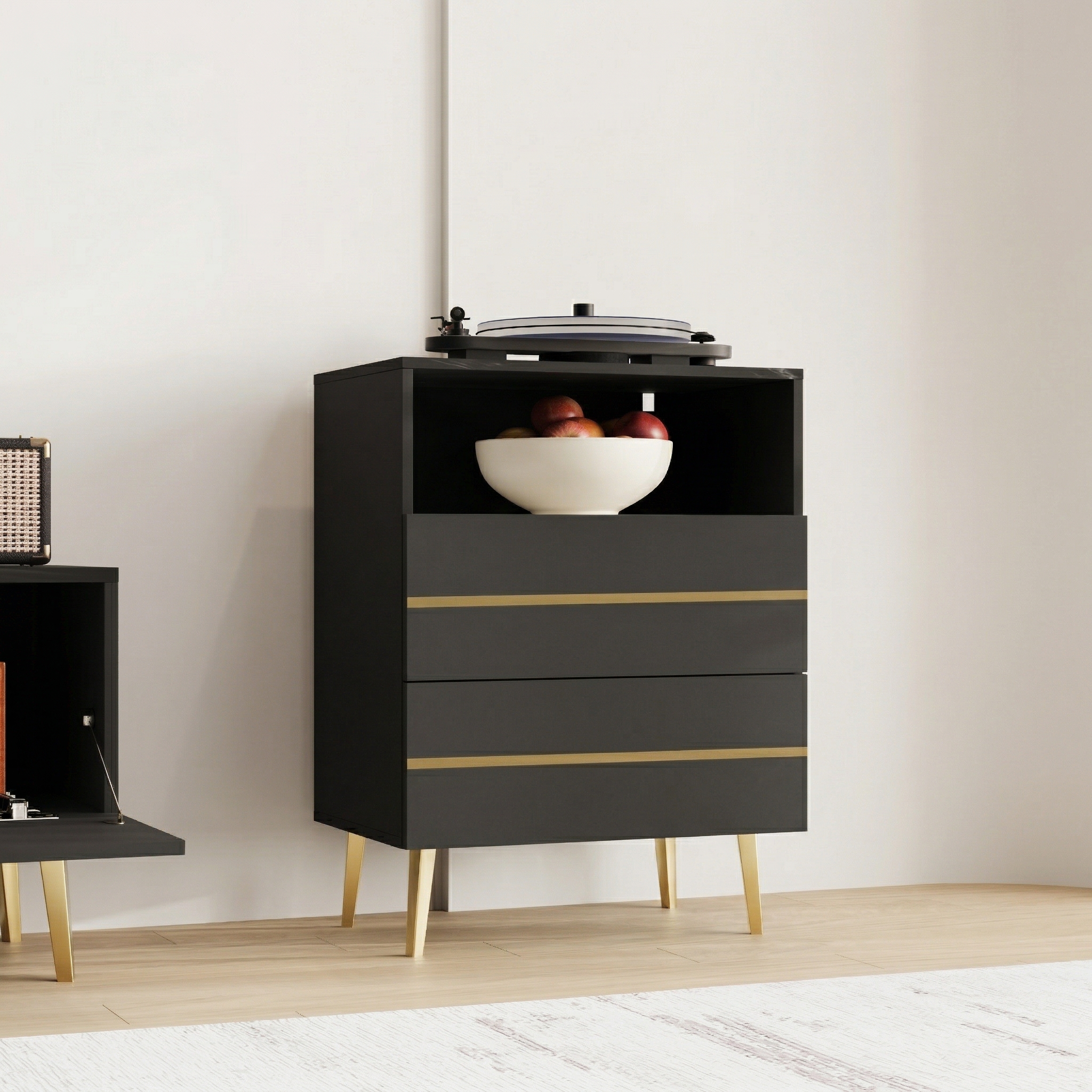 أدراج تخزين مع رف مفتوح - أسود